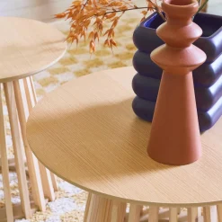 Mesa de centro redondas de efecto madera y abeto, set de 2
