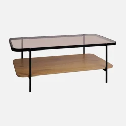 Mesa de centro vintage de metal negro con tapa de cristal y decoración de madera