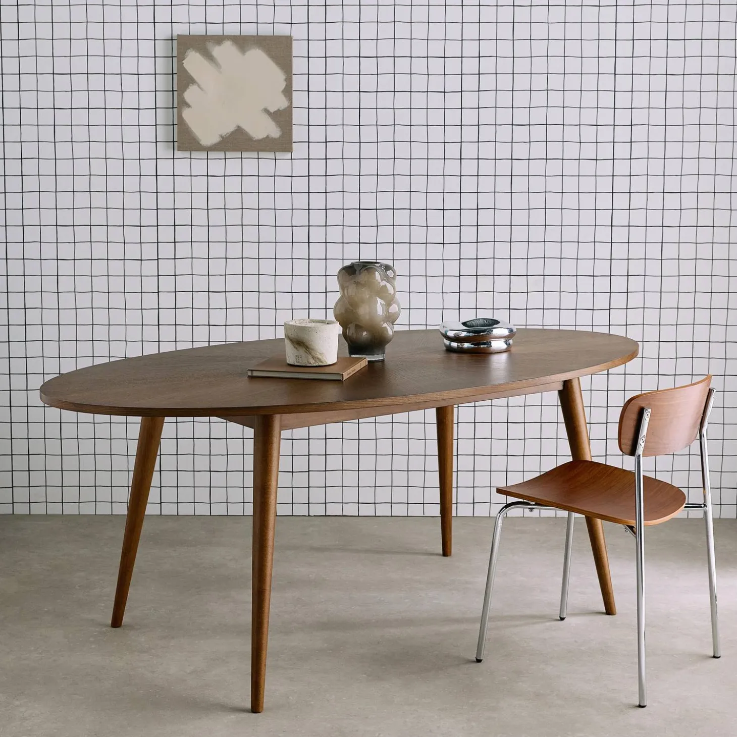 Mesa de comedor ovalada de madera de hevea y chapa de roble para 6 personas
