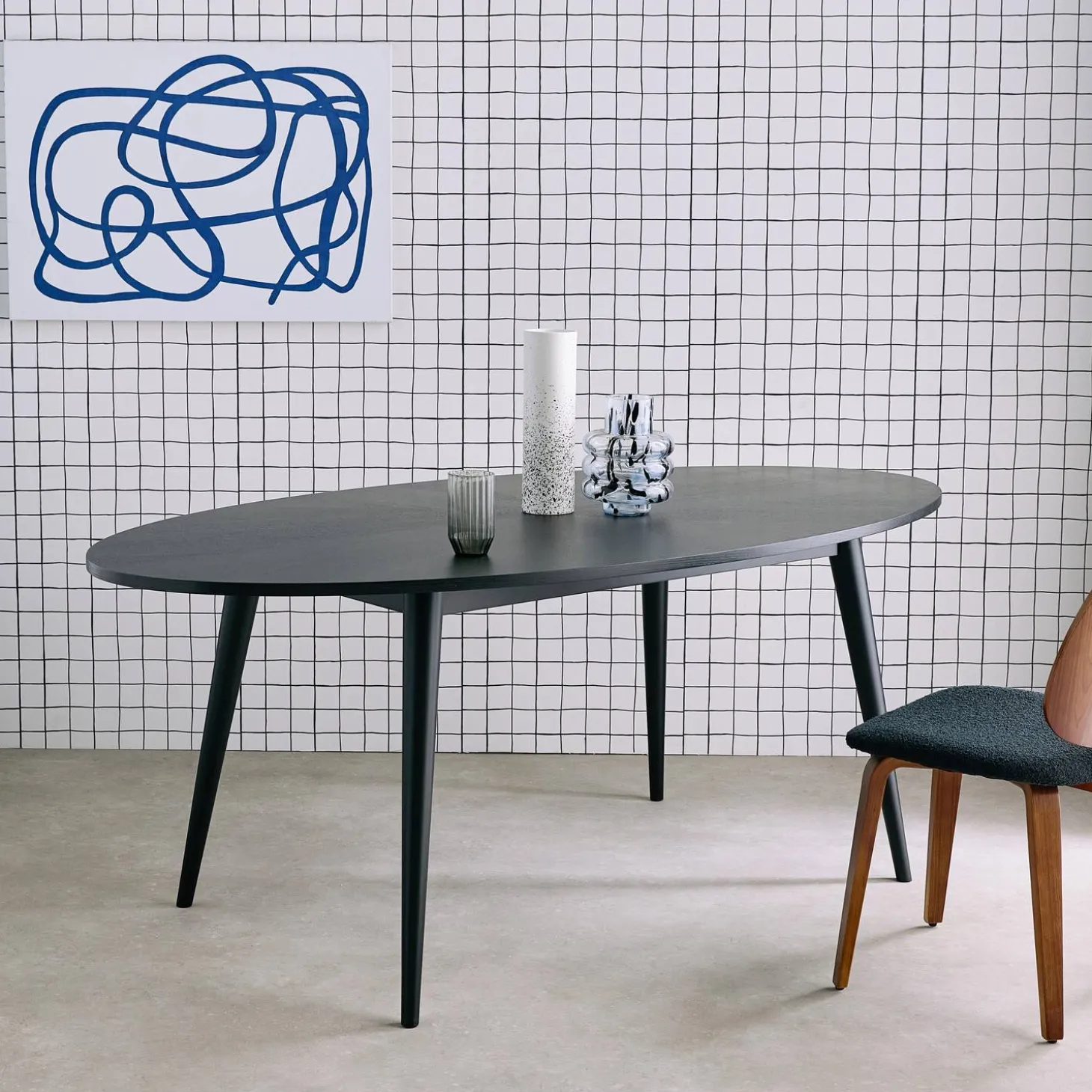 Mesa de comedor ovalada de madera de hevea y chapa de roble para 6 personas