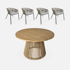 Mesa de comedor redonda de madera, interior/exterior + 4 sillones de cuerda y acero