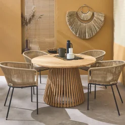 Mesa de comedor redonda de madera, interior/exterior + 4 sillones de cuerda y acero