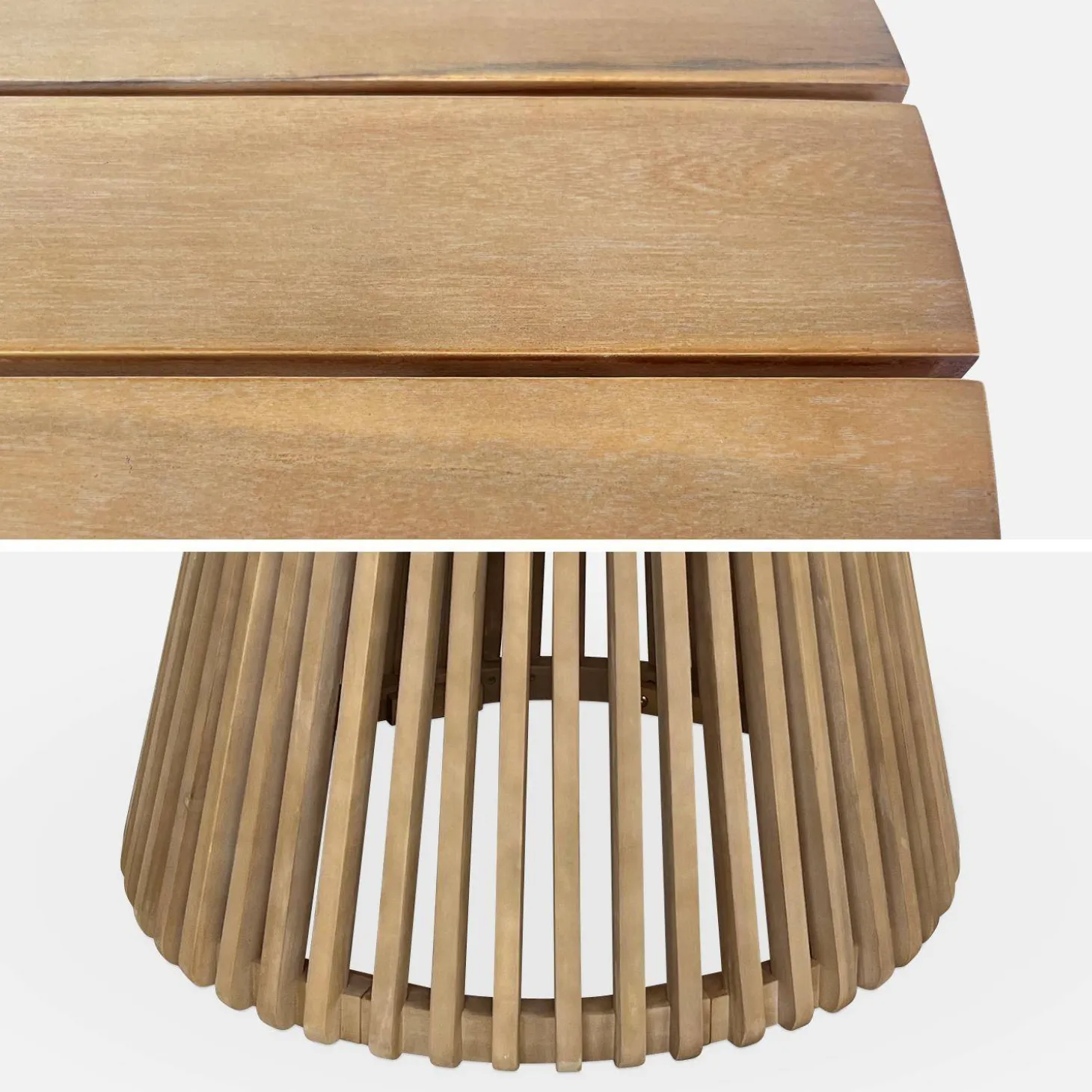 Mesa de comedor redonda de madera, interior/exterior + 4 sillones de cuerda y acero