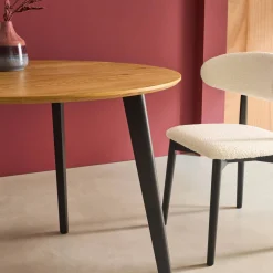 Mesa de comedor redonda efecto madera con patas de metal negro, 4 plazas