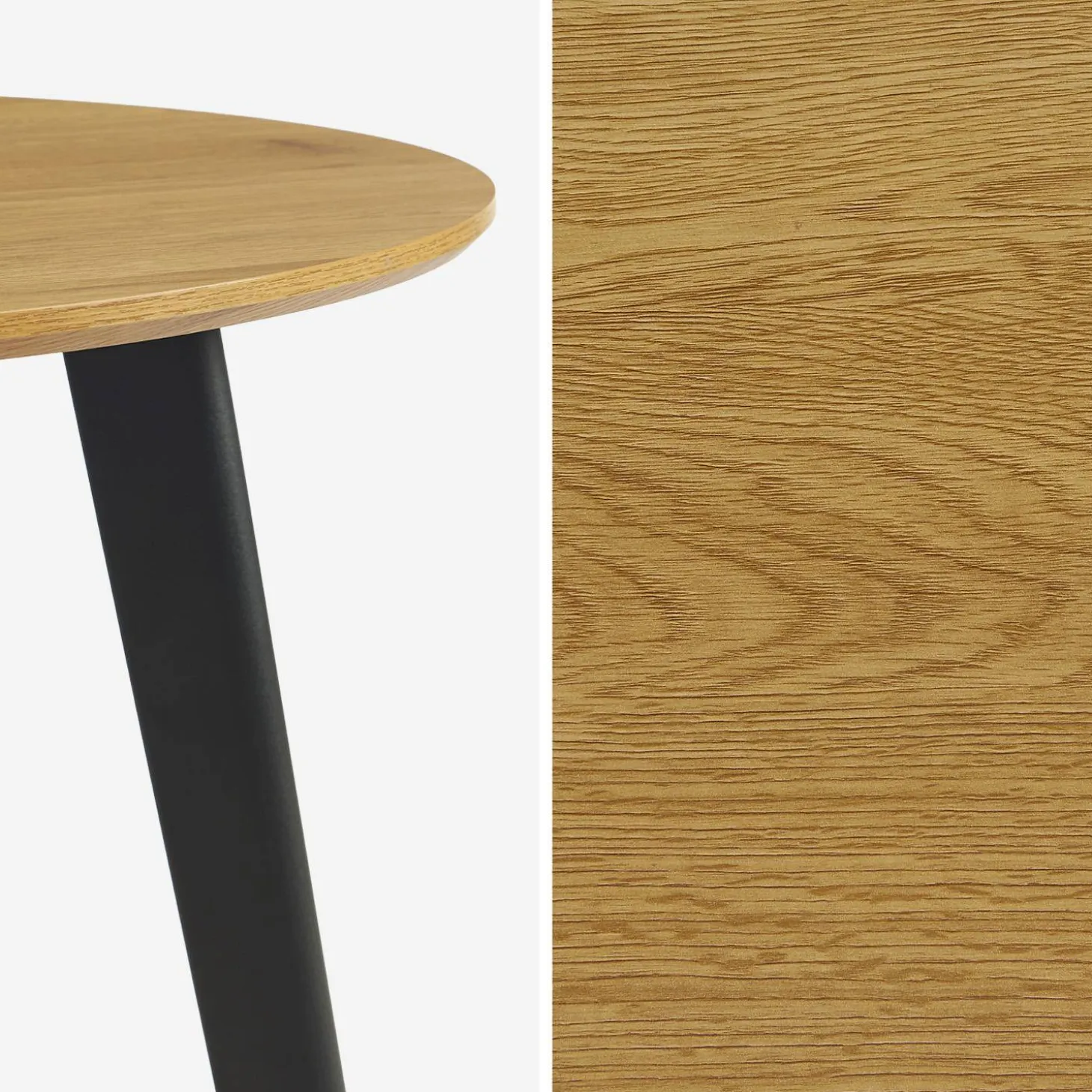 Mesa de comedor redonda efecto madera con patas de metal negro, 4 plazas