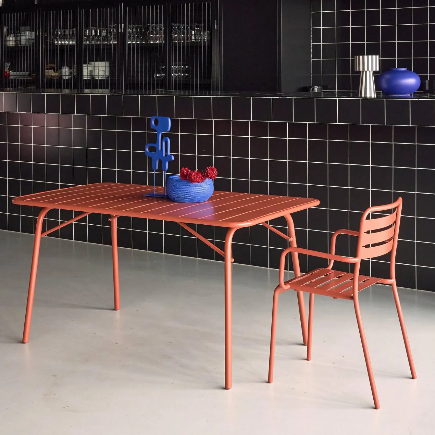Mesa de jardín bistró de acero plegable, 6 plazas, 140cm