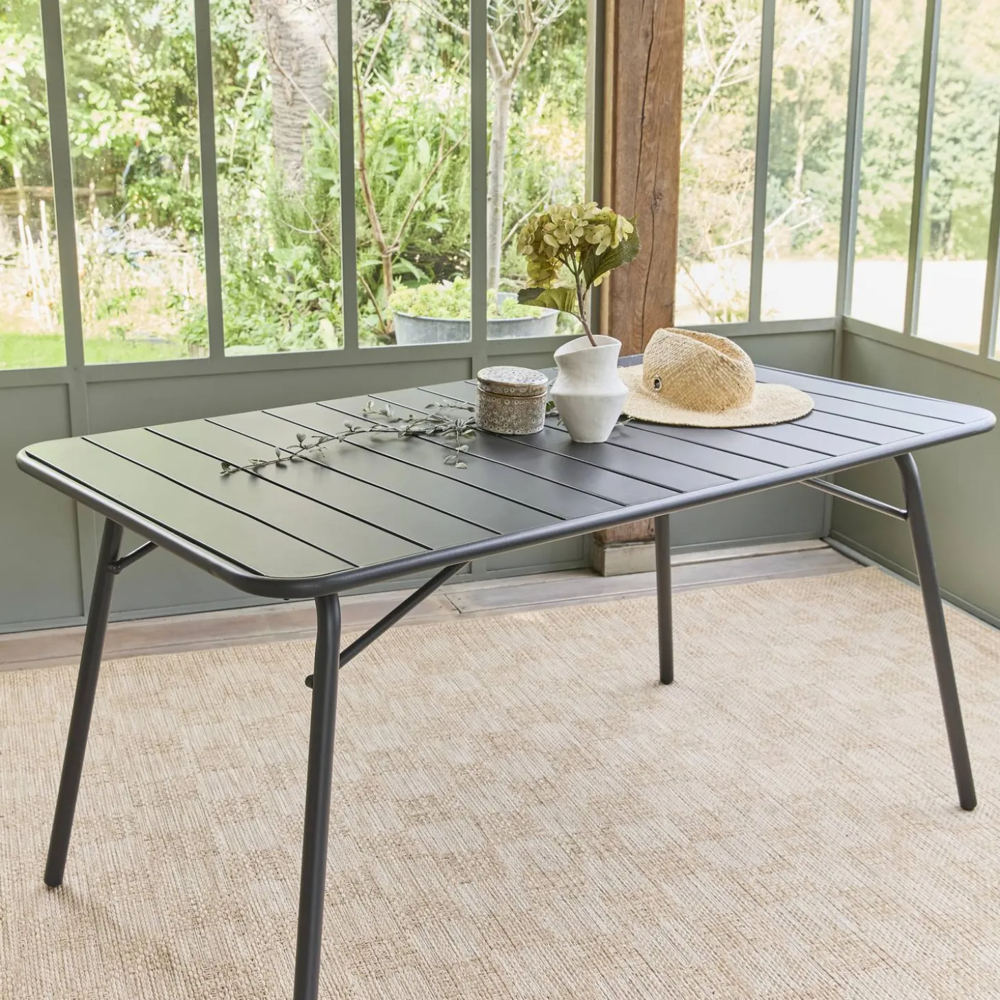 Mesa de jardín bistró de acero plegable, 6 plazas, 140cm