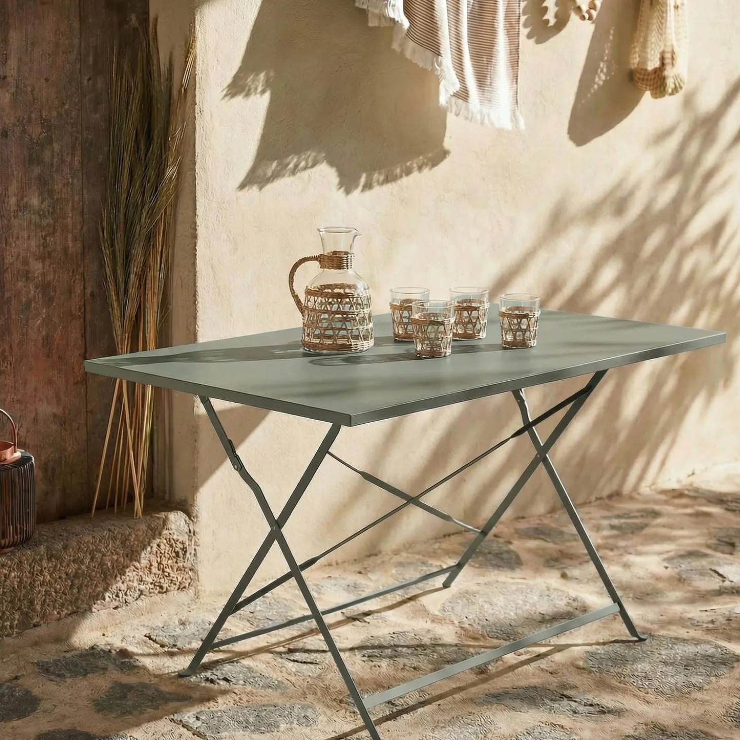 Mesa de jardín bistró plegable de acero, 4 plazas, 110cm
