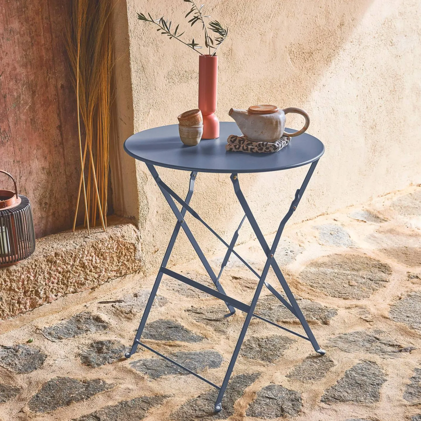 Mesa de jardín bistró plegable de acero, 2 plazas, ø60cm