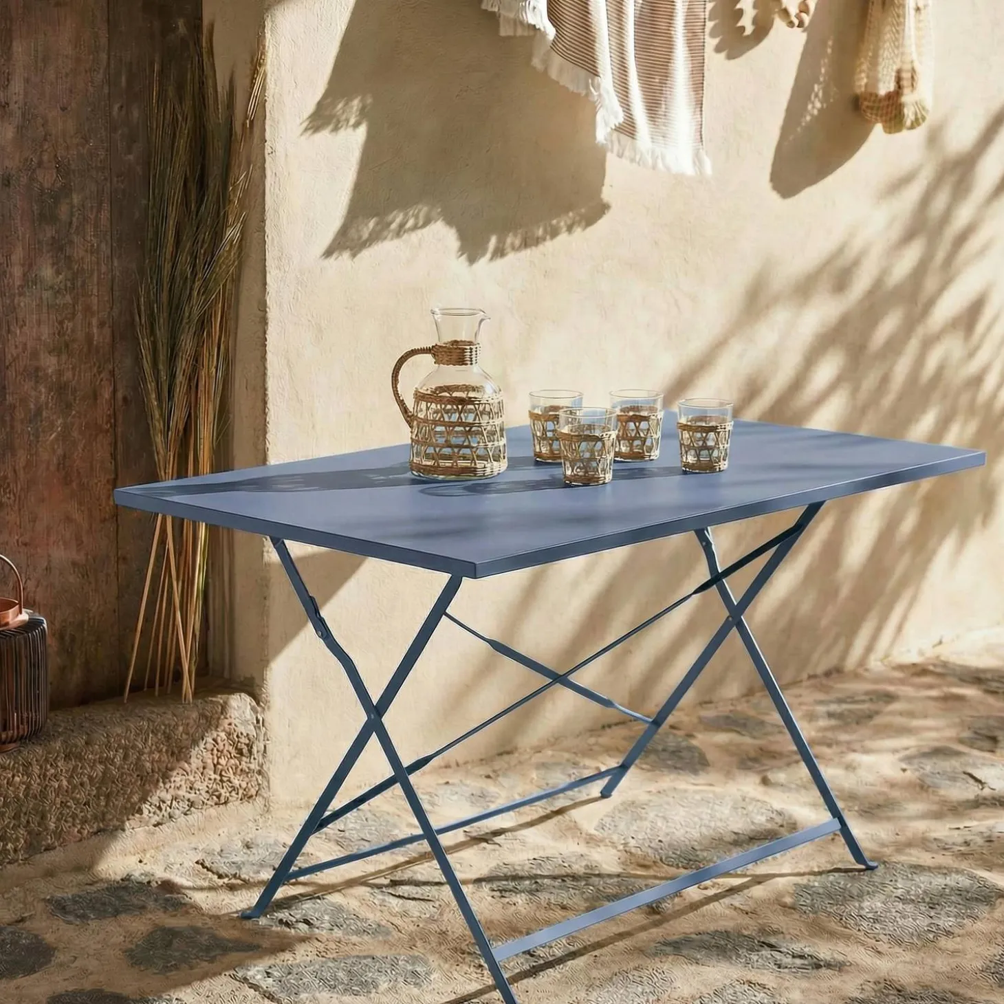 Mesa de jardín bistró plegable de acero, 4 plazas, 110cm