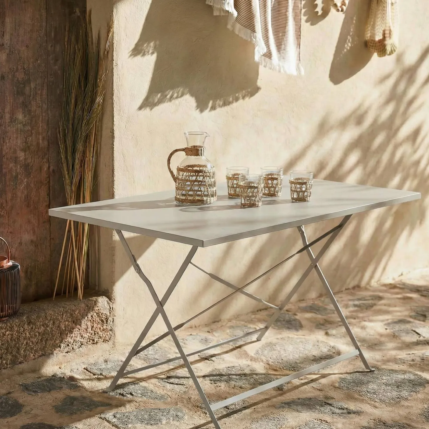 Mesa de jardín bistró plegable de acero, 4 plazas, 110cm
