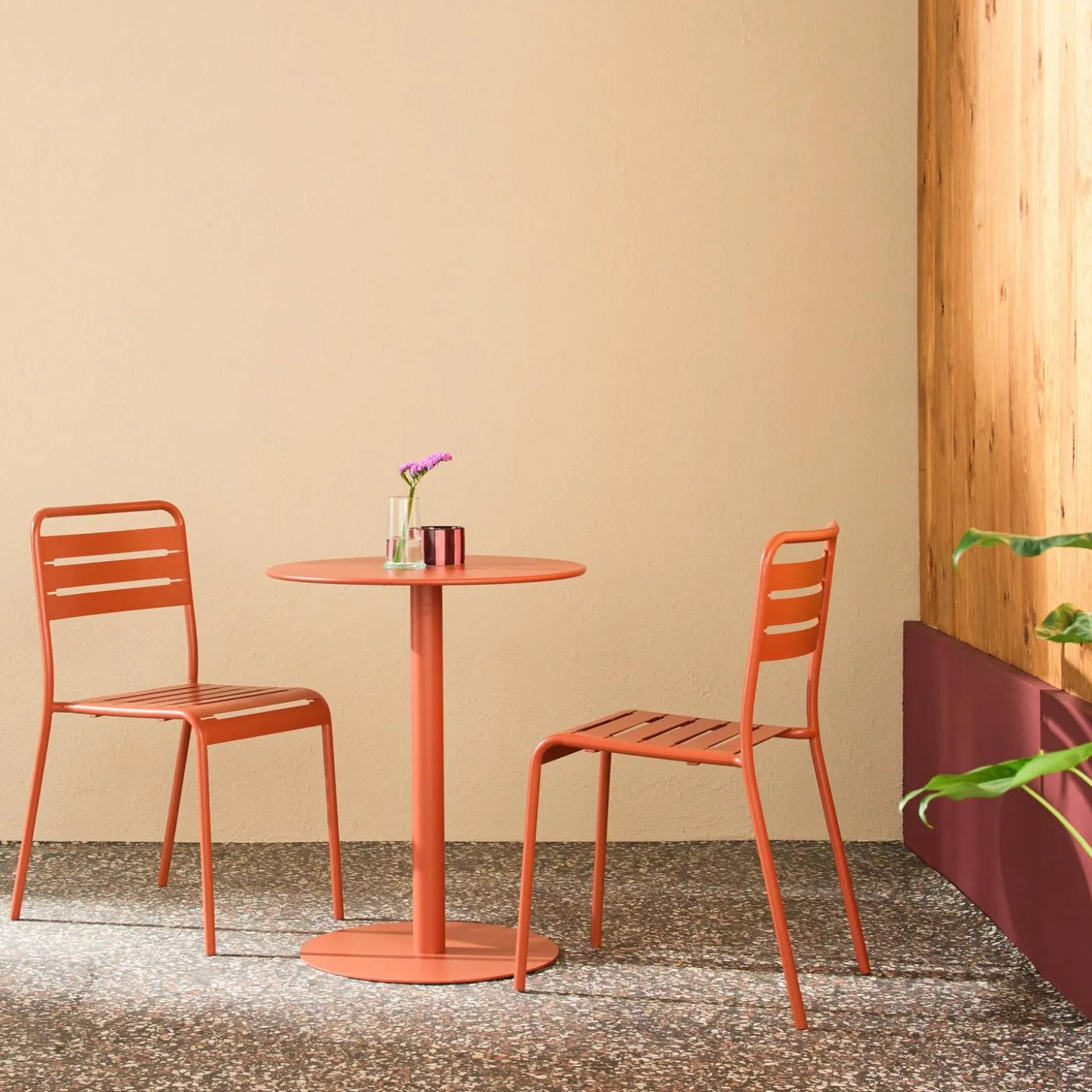 Mesa de jardín bistró redonda de acero con 2 sillas