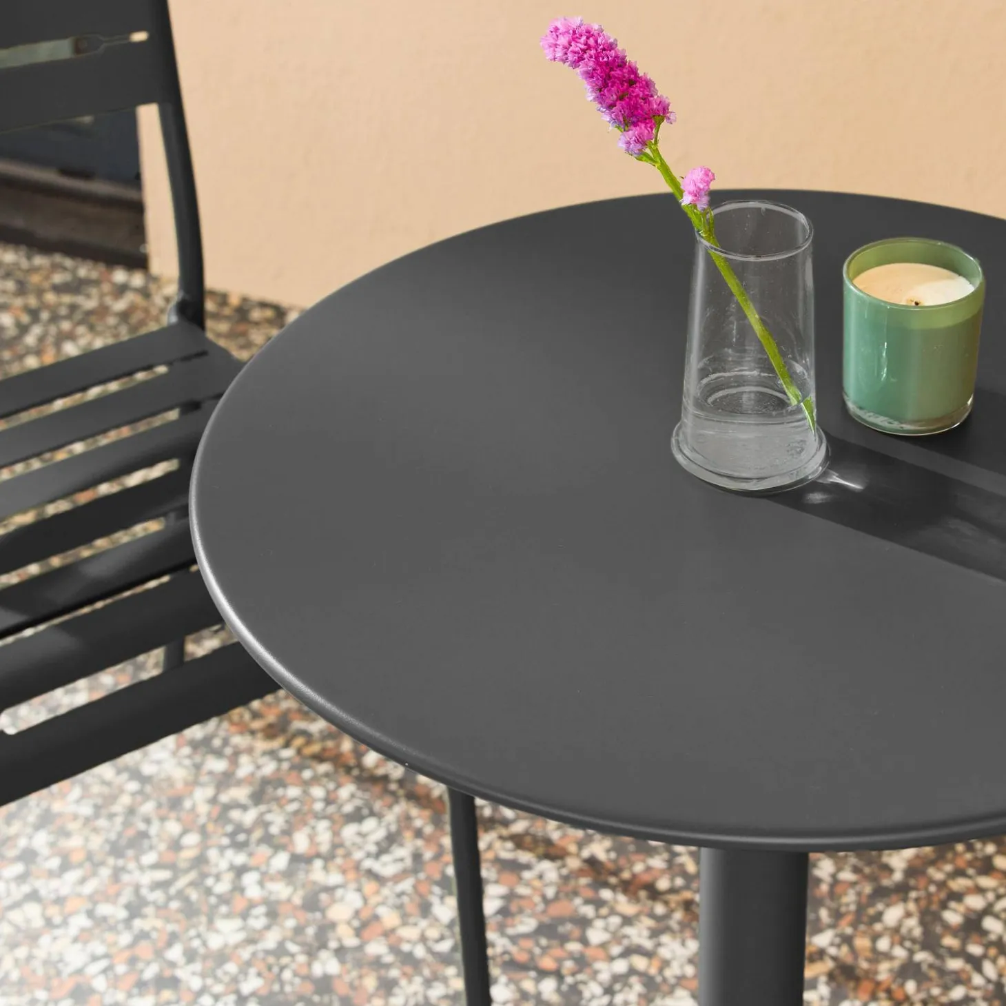Mesa de jardín bistró redonda de acero con 2 sillas