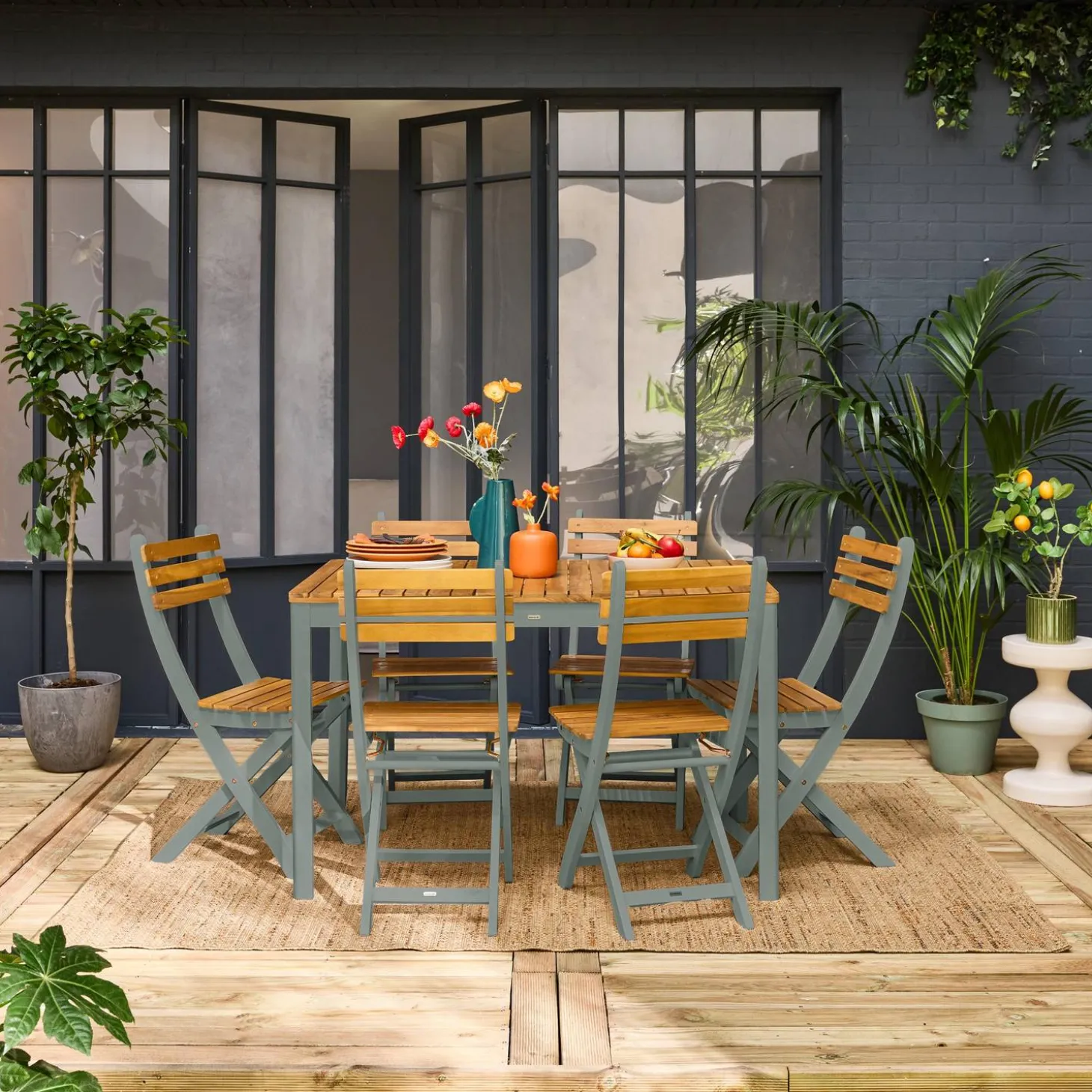 Mesa de jardín de acacia con esquinas redondeadas, 6 plazas