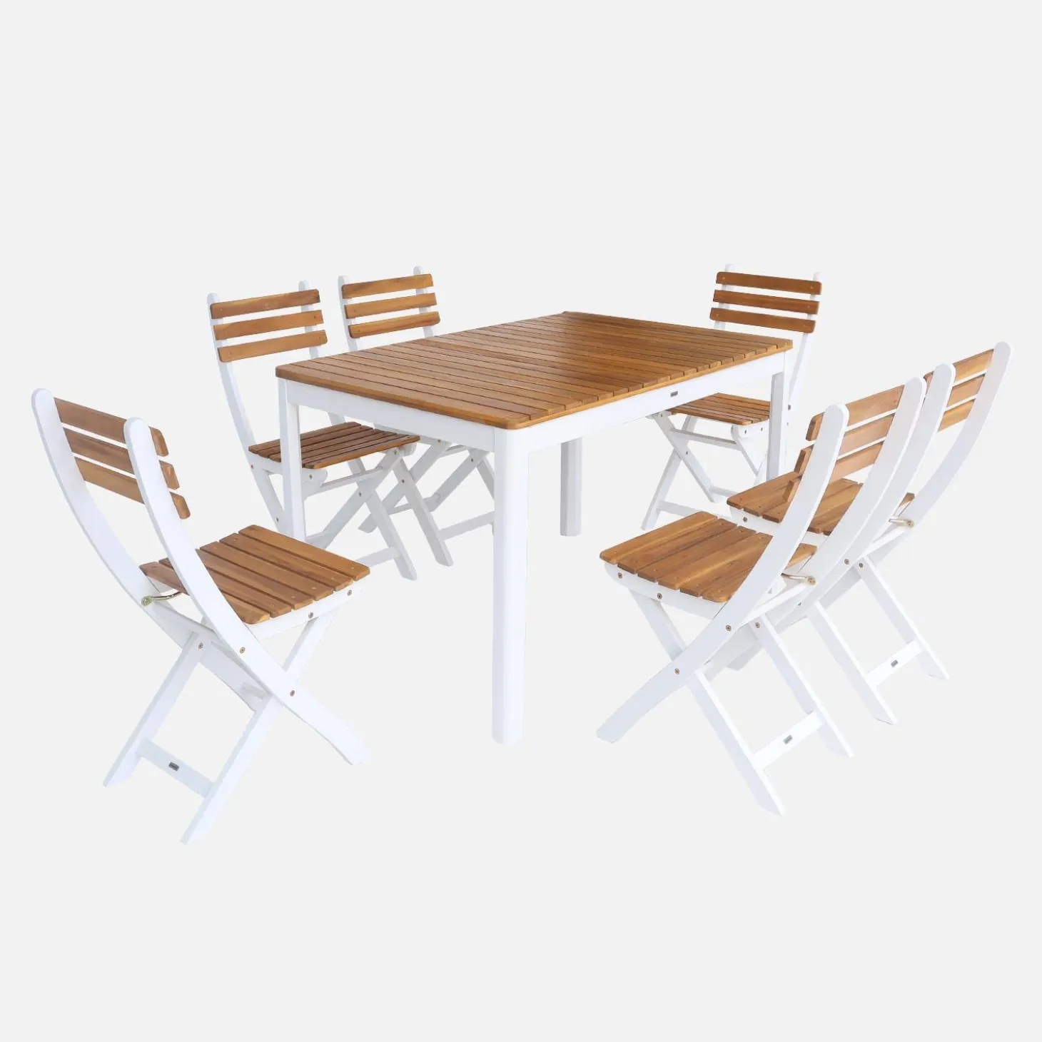 Mesa de jardín de acacia con esquinas redondeadas, 6 sillas