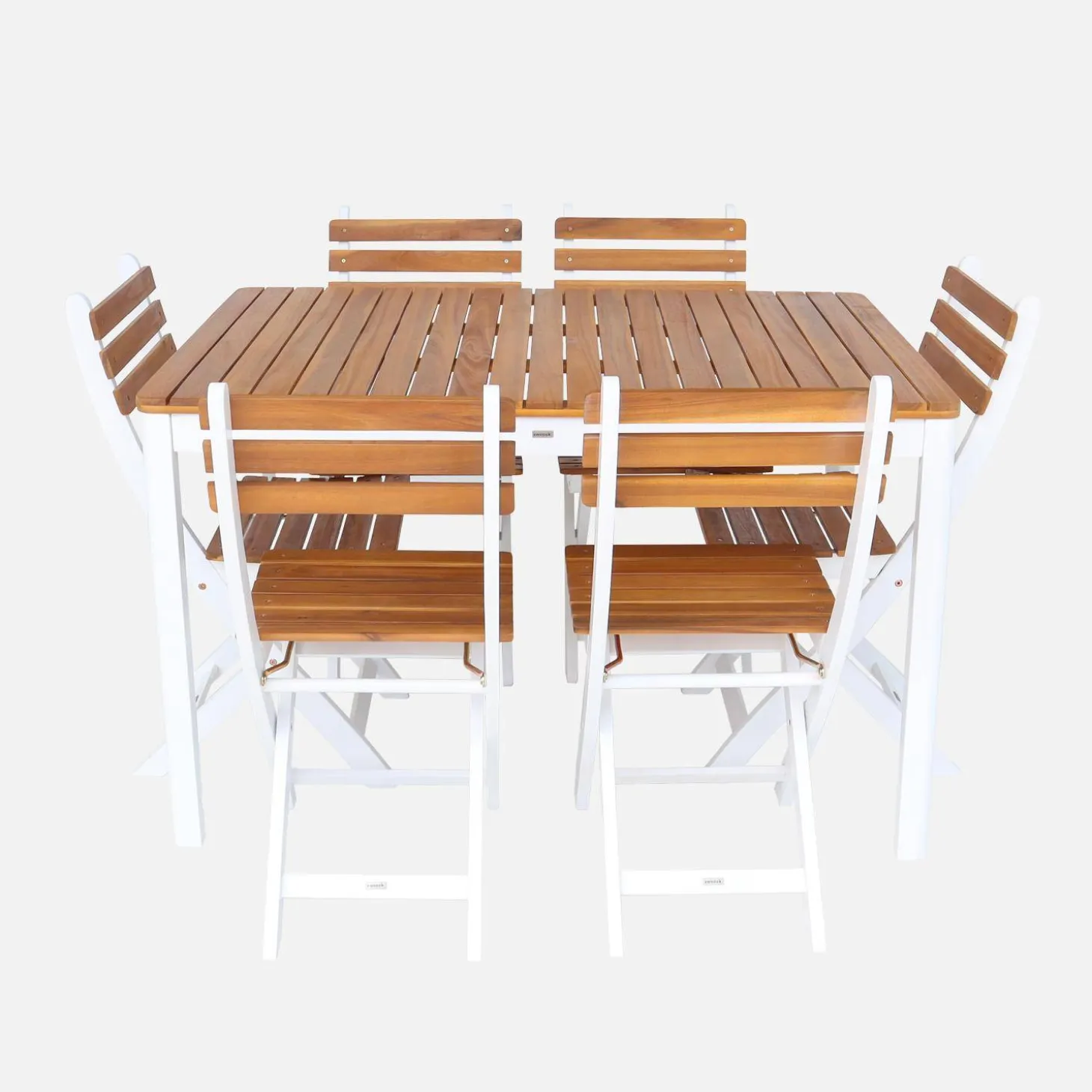 Mesa de jardín de acacia con esquinas redondeadas, 6 sillas