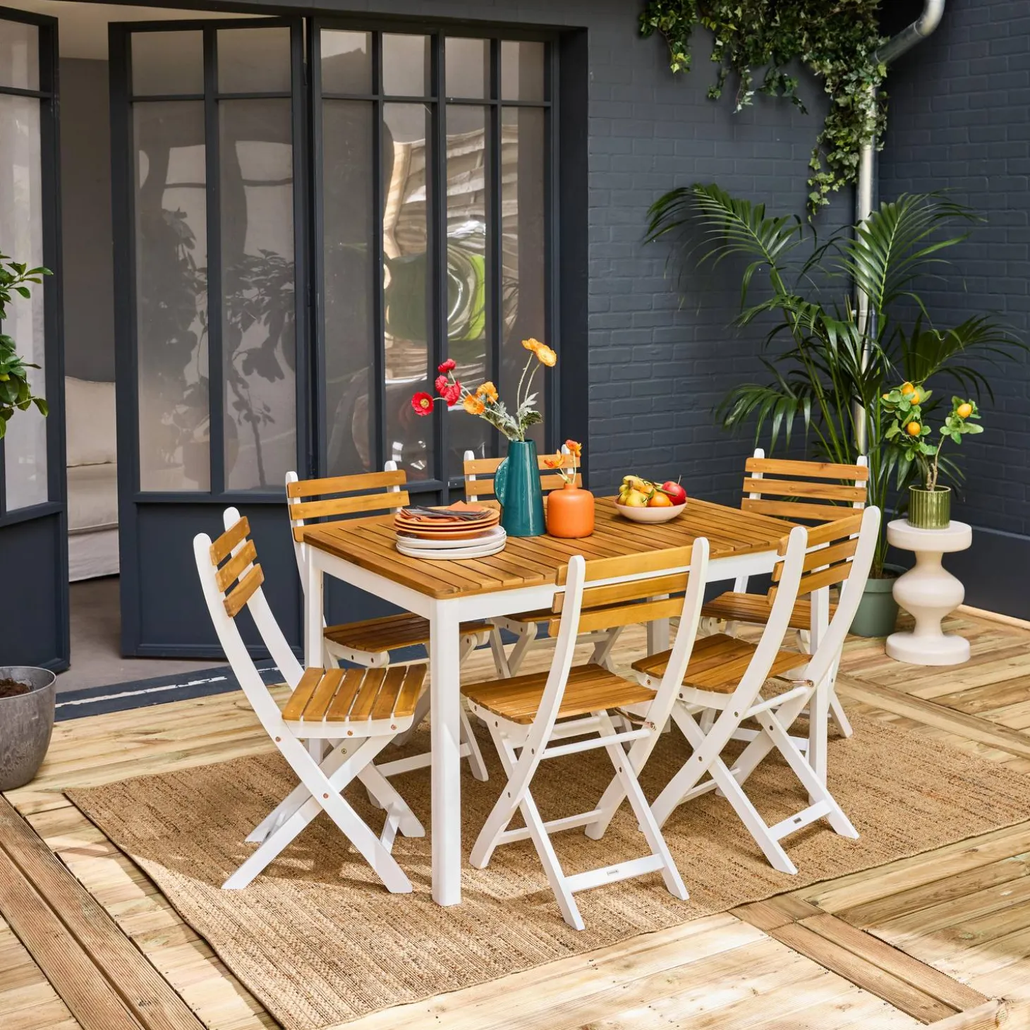 Mesa de jardín de acacia con esquinas redondeadas, 6 sillas