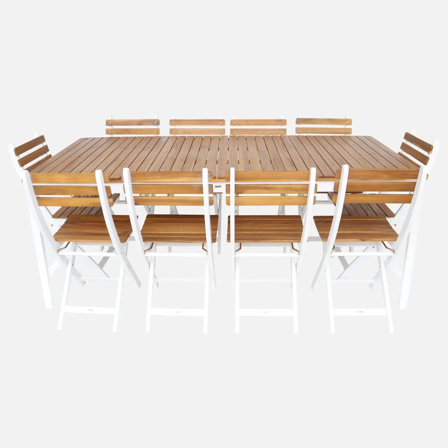 Mesa de jardín de acacia con esquinas redondeadas, 10 sillas