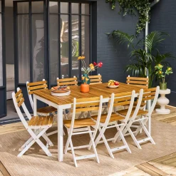 Mesa de jardín de acacia con esquinas redondeadas, 8 sillas