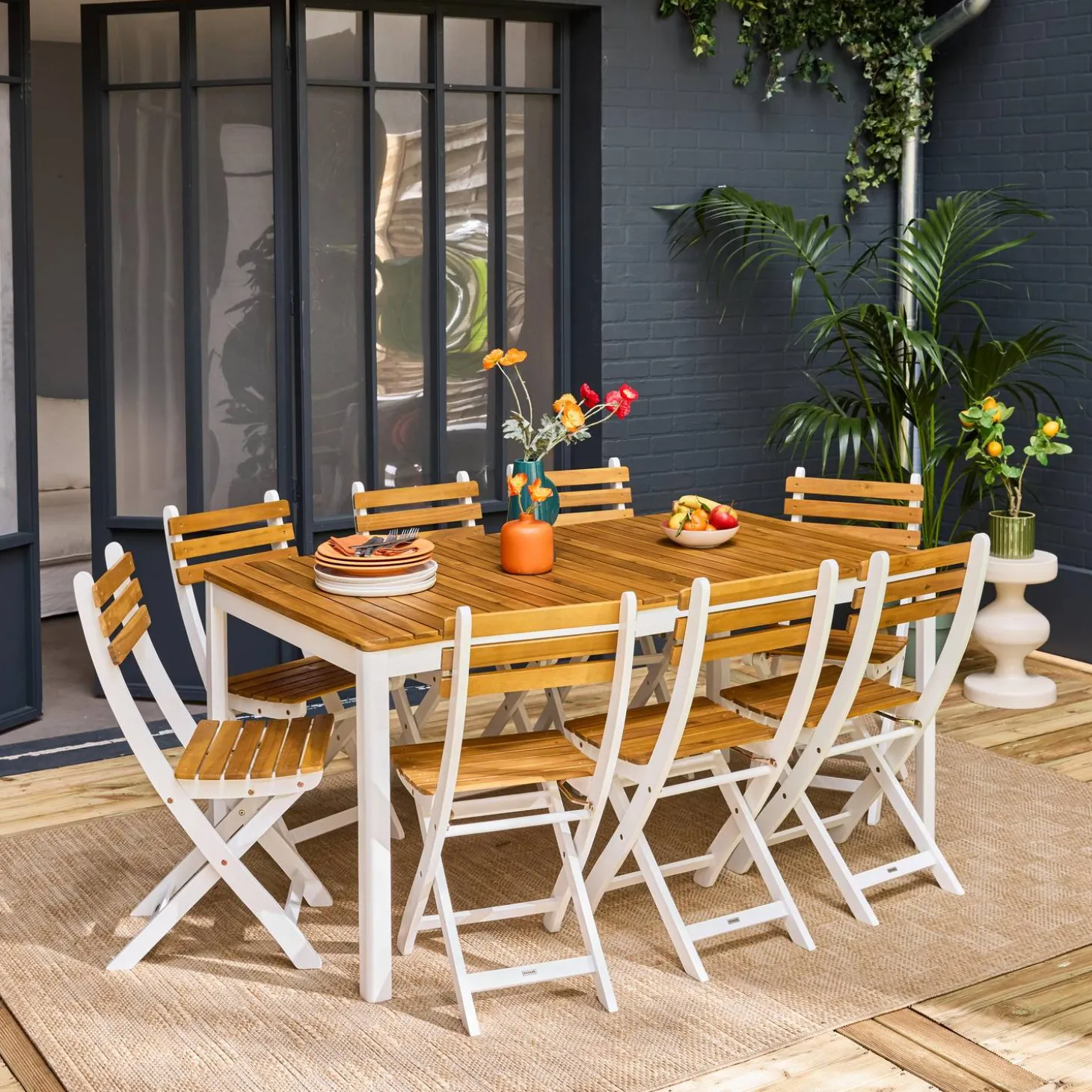 Mesa de jardín de acacia con esquinas redondeadas, 8 sillas
