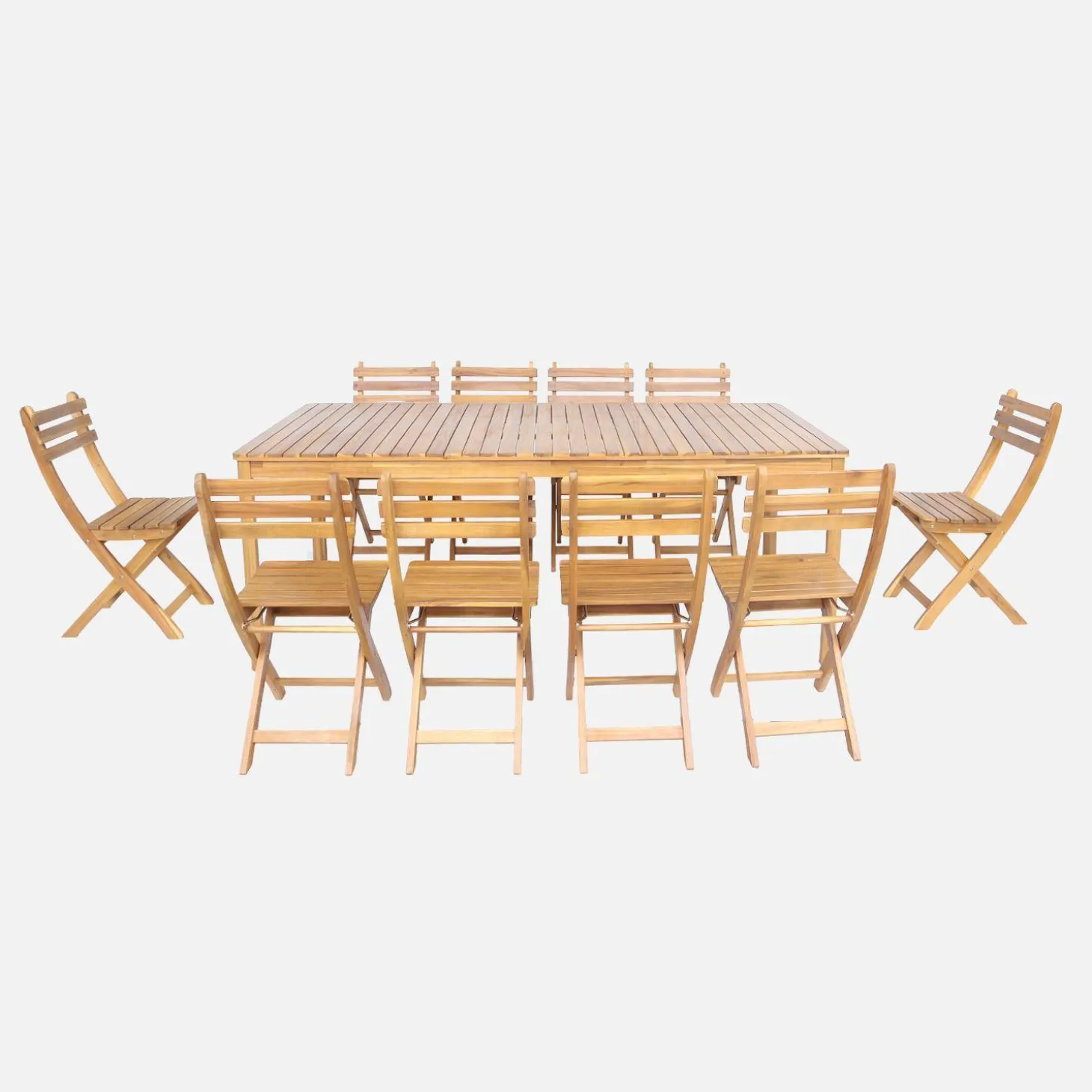 Mesa de jardín de acacia con esquinas redondeadas, 10 sillas