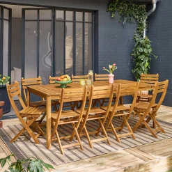 Mesa de jardín de acacia con esquinas redondeadas, 10 sillas