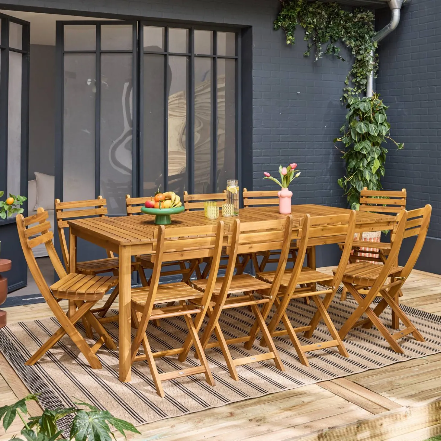Mesa de jardín de acacia con esquinas redondeadas, 10 sillas