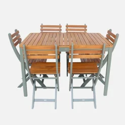 Mesa de jardín de acacia con esquinas redondeadas, 6 sillas