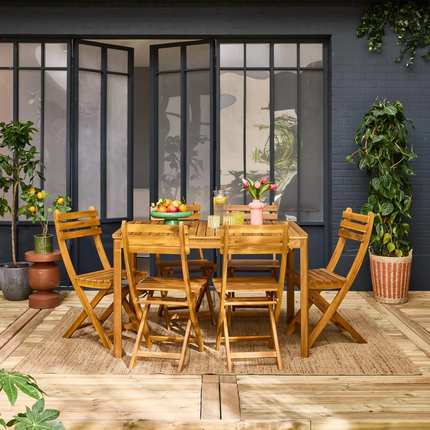 Mesa de jardín de acacia con esquinas redondeadas, 6 sillas