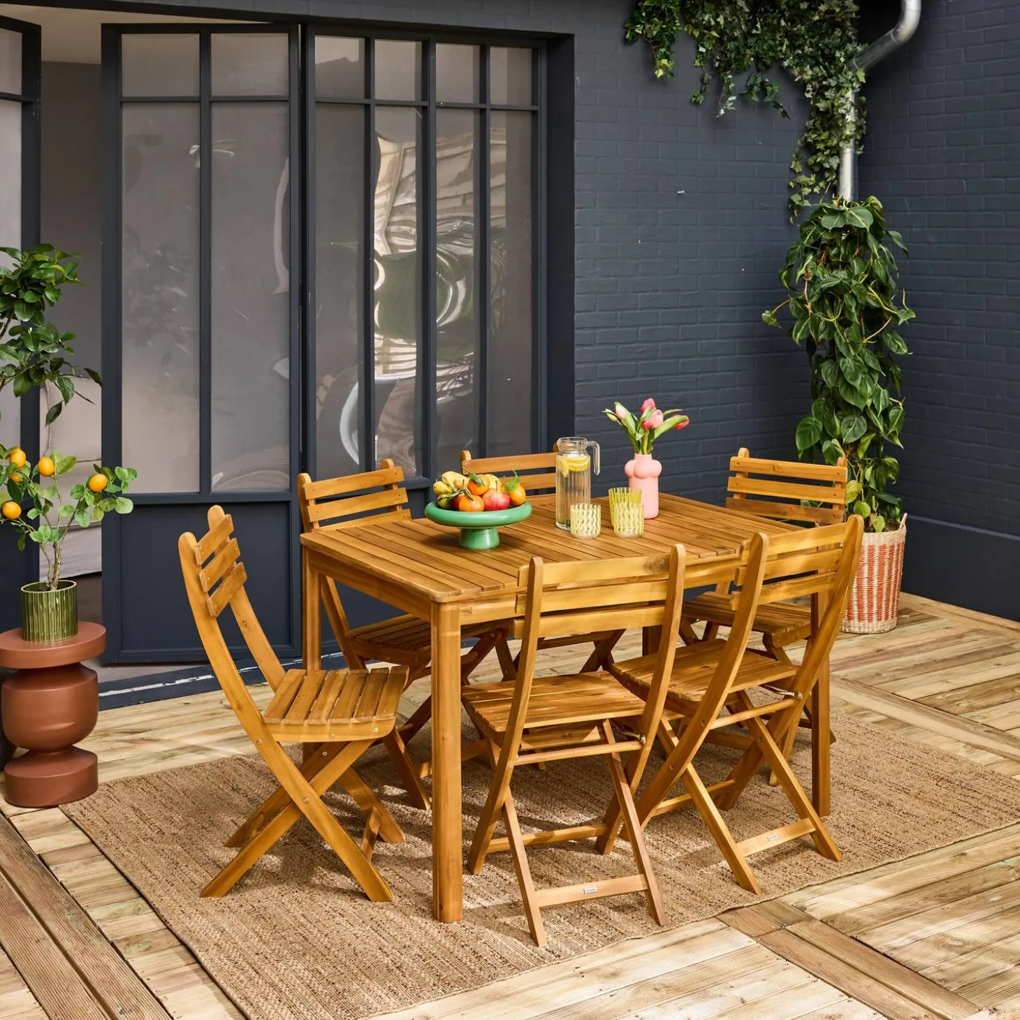 Mesa de jardín de acacia con esquinas redondeadas, 6 sillas
