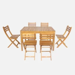 Mesa de jardín de acacia con esquinas redondeadas, 6 sillas