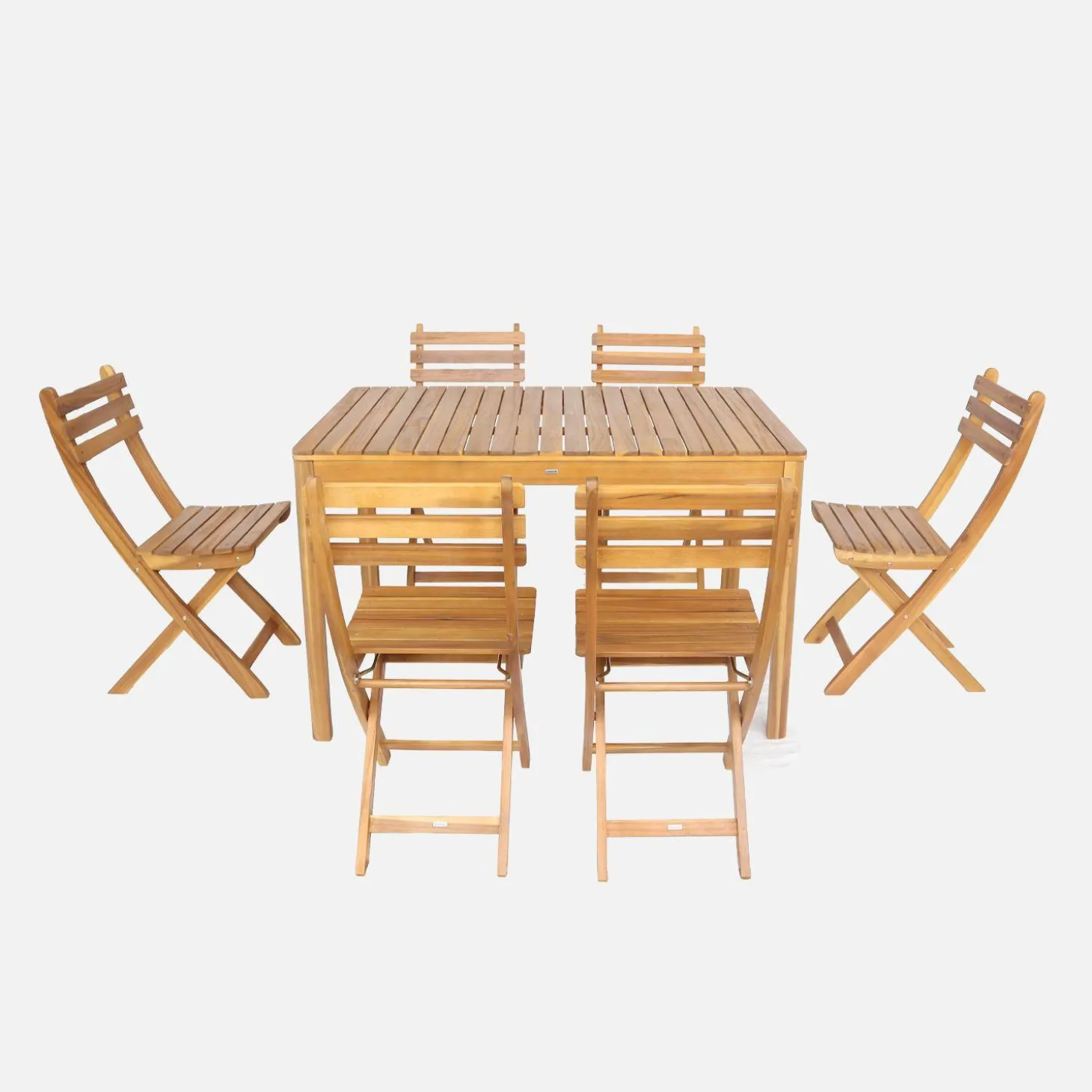 Mesa de jardín de acacia con esquinas redondeadas, 6 sillas