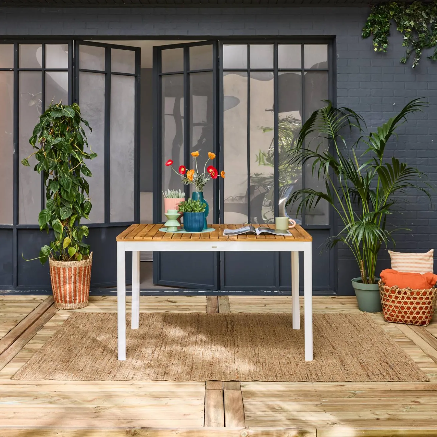 Mesa de jardín de acacia con esquinas redondeadas, 6 plazas