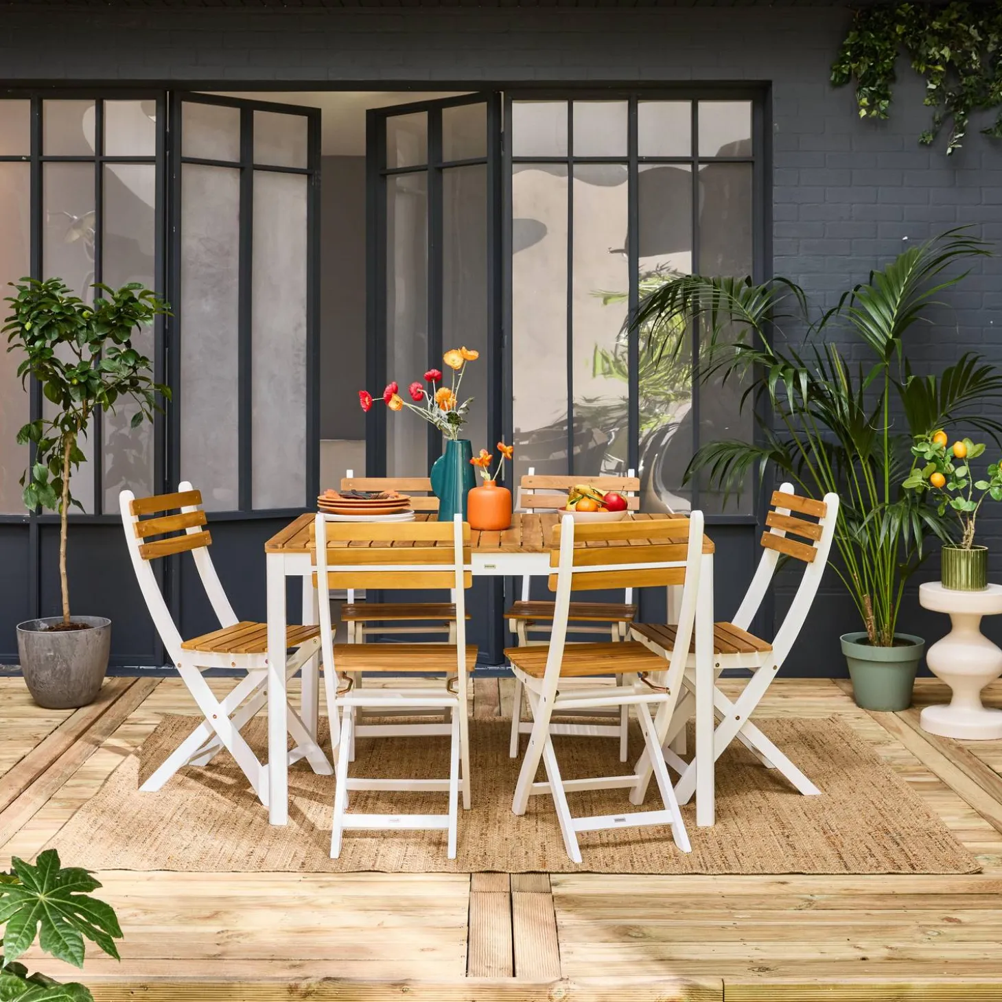 Mesa de jardín de acacia con esquinas redondeadas, 6 plazas