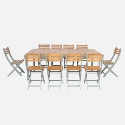 Mesa de jardín de acacia con esquinas redondeadas, 10 sillas