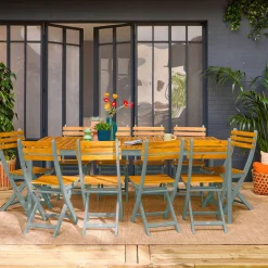 Mesa de jardín de acacia con esquinas redondeadas, 10 sillas