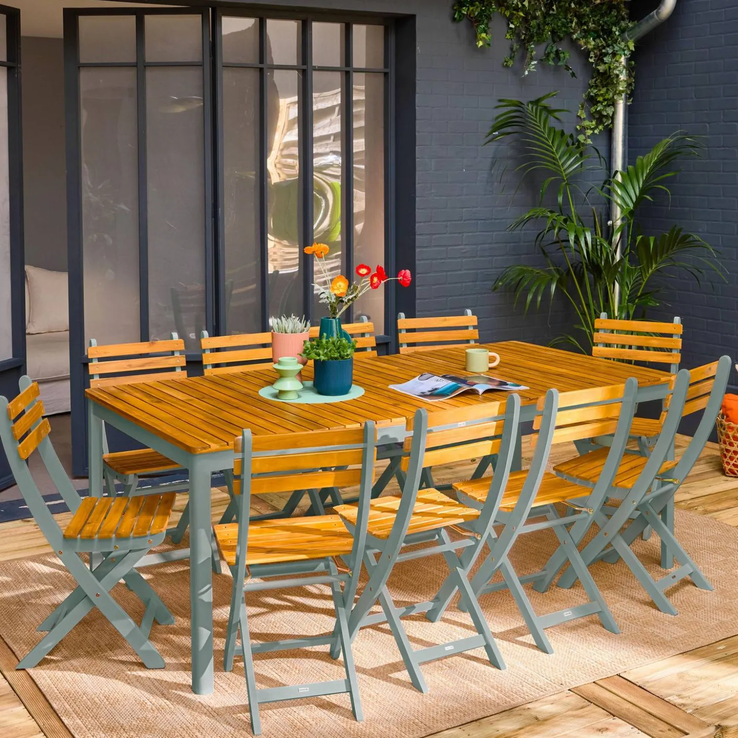 Mesa de jardín de acacia con esquinas redondeadas, 10 sillas