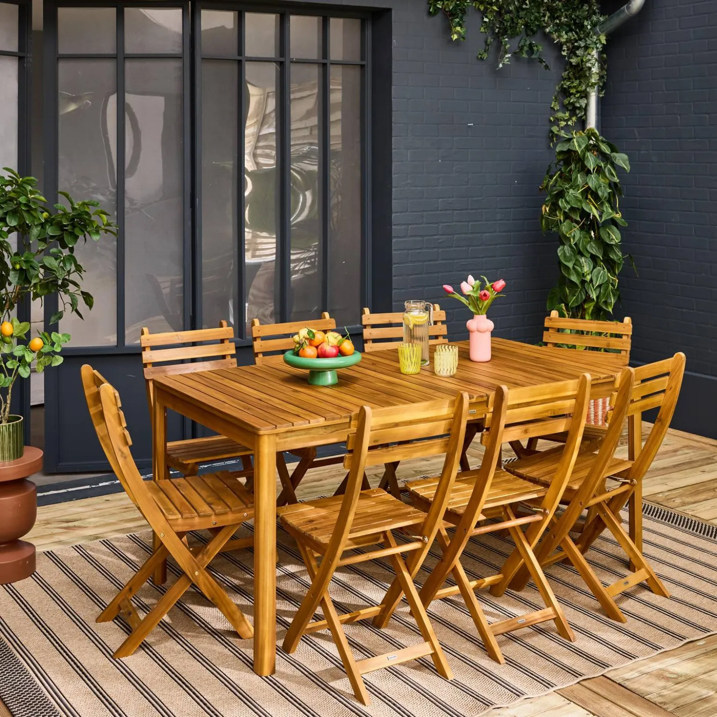 Mesa de jardín de acacia con esquinas redondeadas, 8 sillas