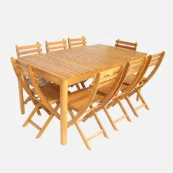 Mesa de jardín de acacia con esquinas redondeadas, 8 sillas