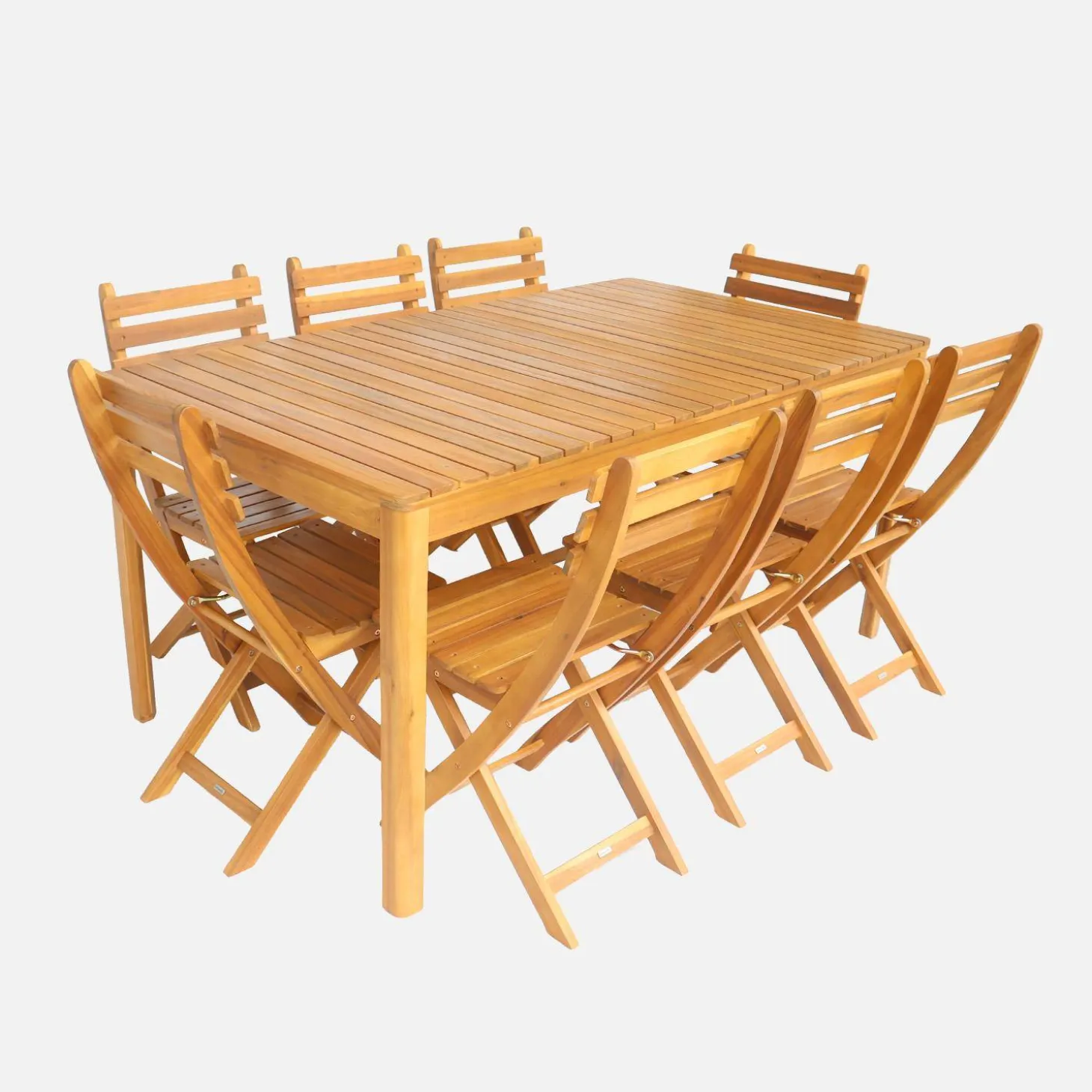 Mesa de jardín de acacia con esquinas redondeadas, 8 sillas