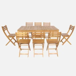 Mesa de jardín de acacia con esquinas redondeadas, 8 sillas