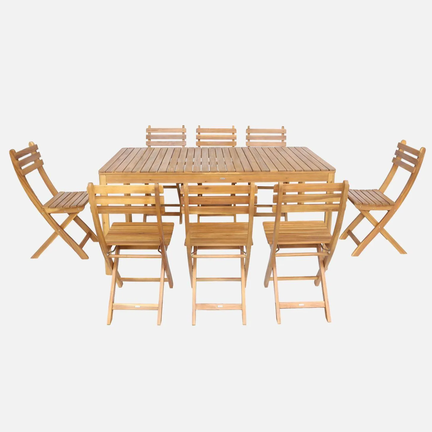 Mesa de jardín de acacia con esquinas redondeadas, 8 sillas