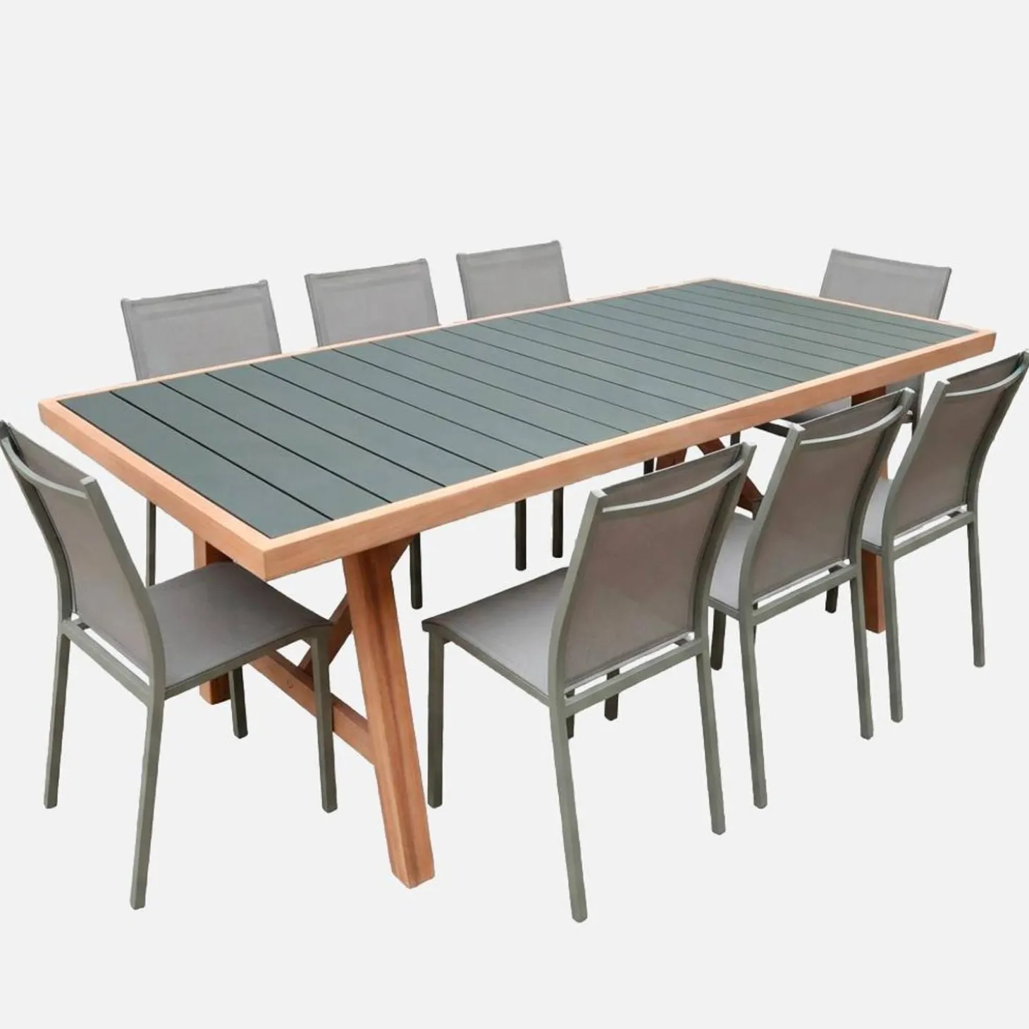 Mesa de jardín de madera de acacia y aluminio con 8 sillas