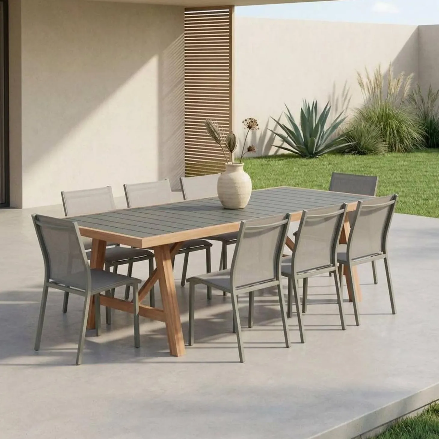 Mesa de jardín de madera de acacia y aluminio con 8 sillas