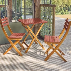 Mesa de jardín de madera de acacia con 2 sillas plegables
