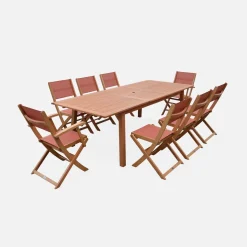 Mesa de jardín de madera extensible, 8 sillas