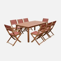 Mesa de jardín de madera extensible, 8 sillas