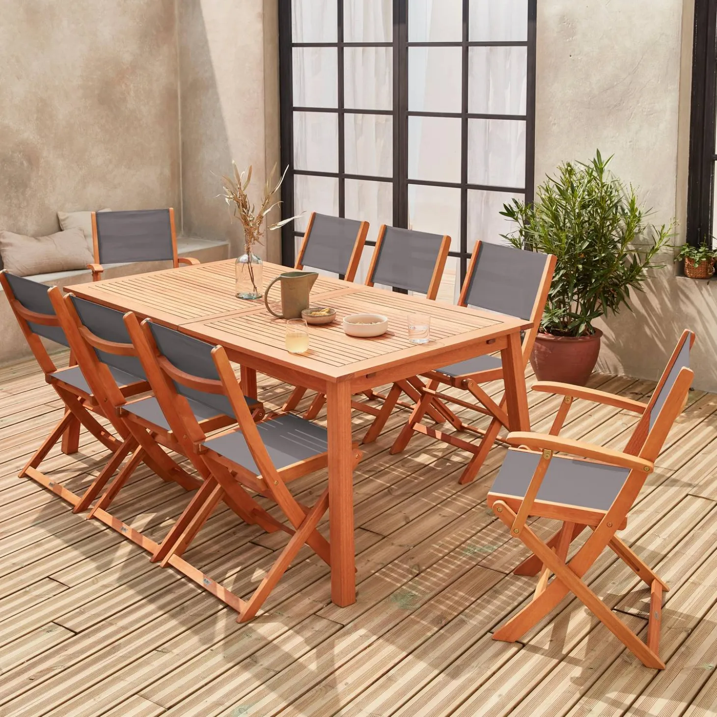 Mesa de jardín de madera extensible, 8 sillas