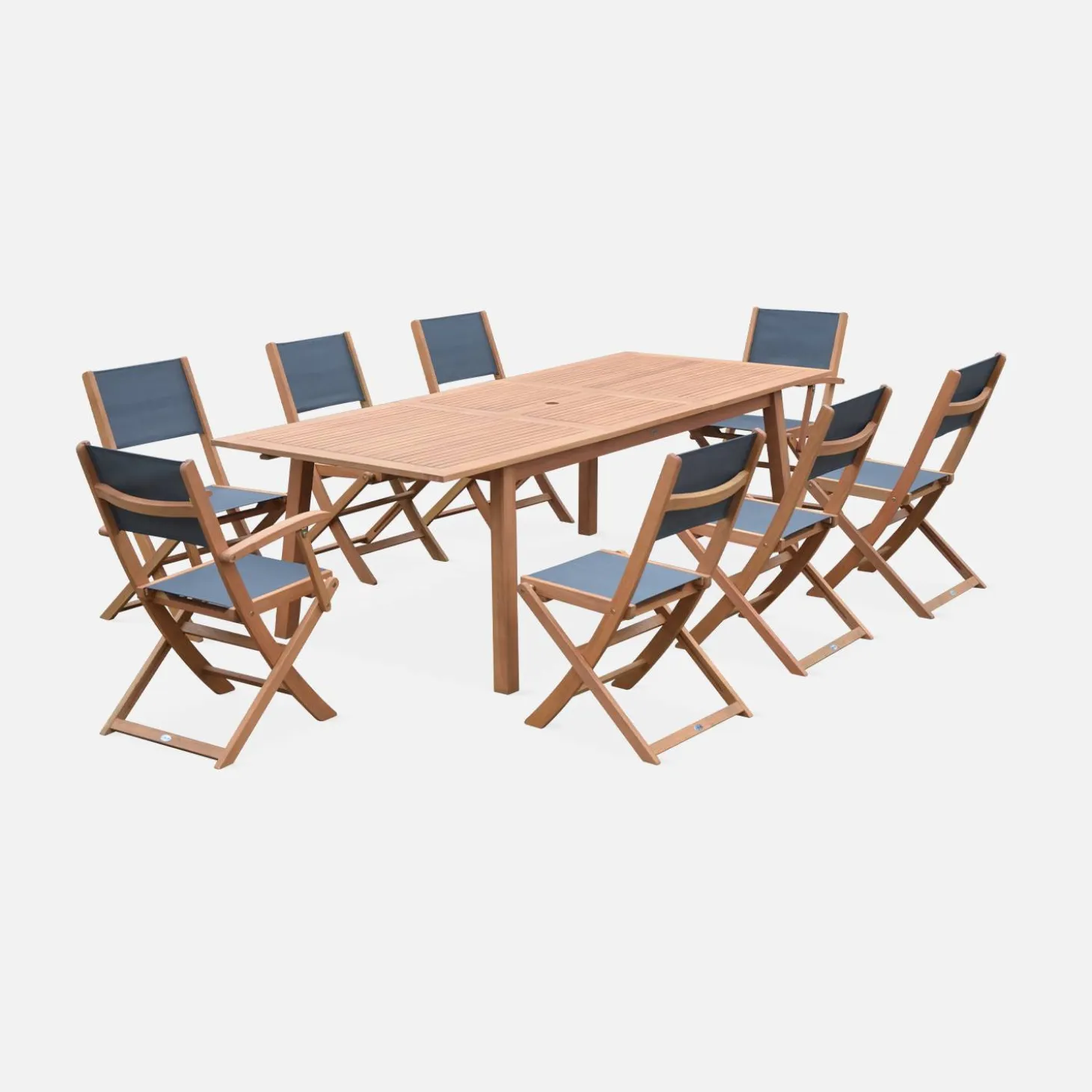 Mesa de jardín de madera extensible, 8 sillas