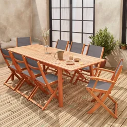 Mesa de jardín de madera extensible, 8 sillas